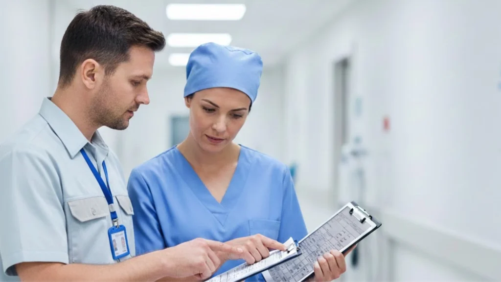 revisión de ruta de mantenimiento preventivo con personal clínico
