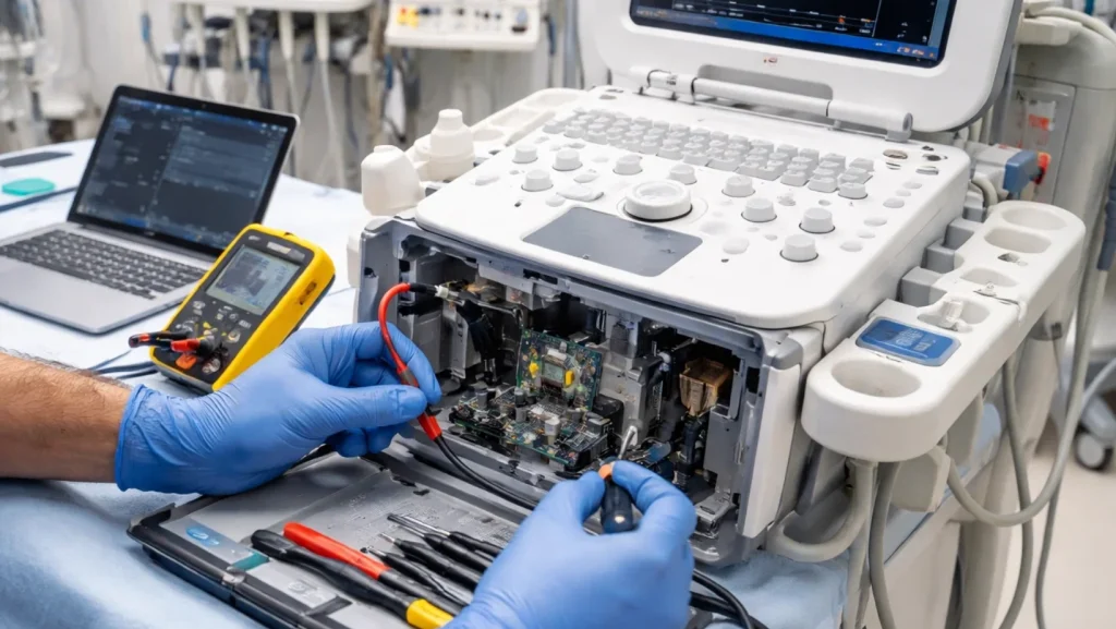 Ingeniero biomédico revisando equipo médico en un hospital.