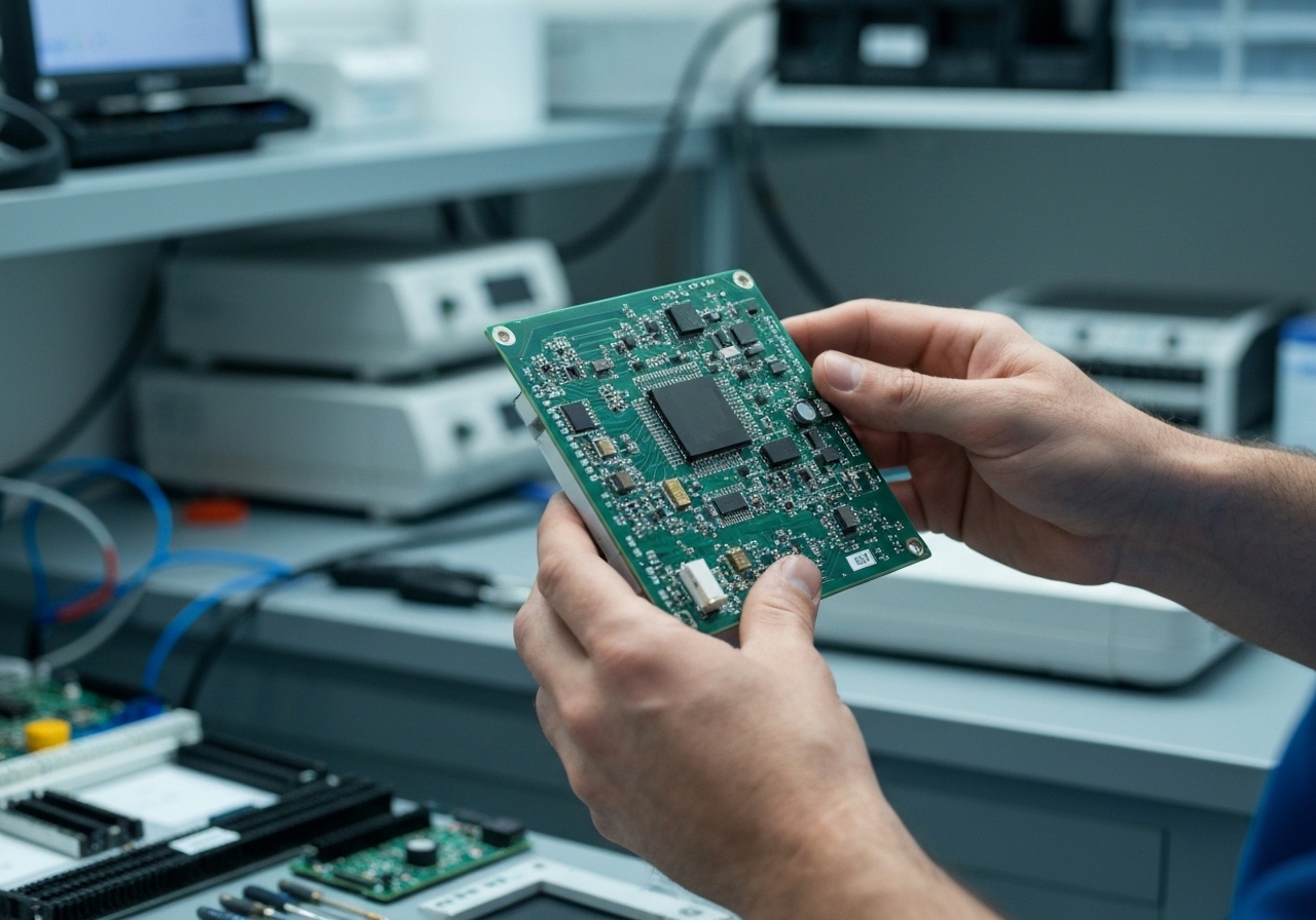 ingeniero biomédico revisando componente electrónico refacción médica