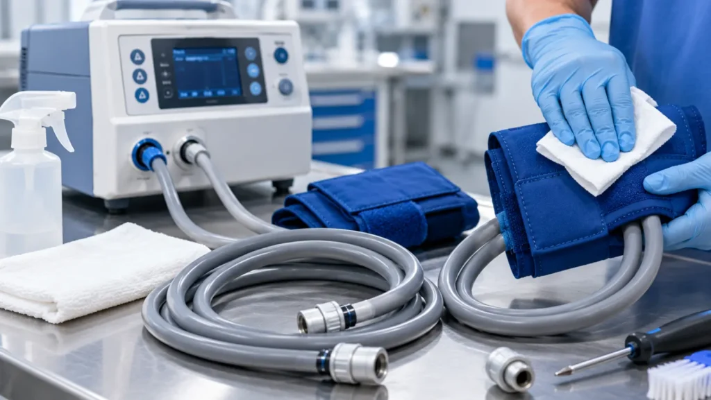 Personal médico realizando la limpieza y mantenimiento de un torniquete neumático