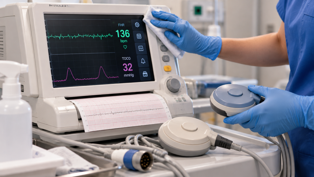 Personal técnico realizando mantenimiento preventivo de un tococardiógrafo